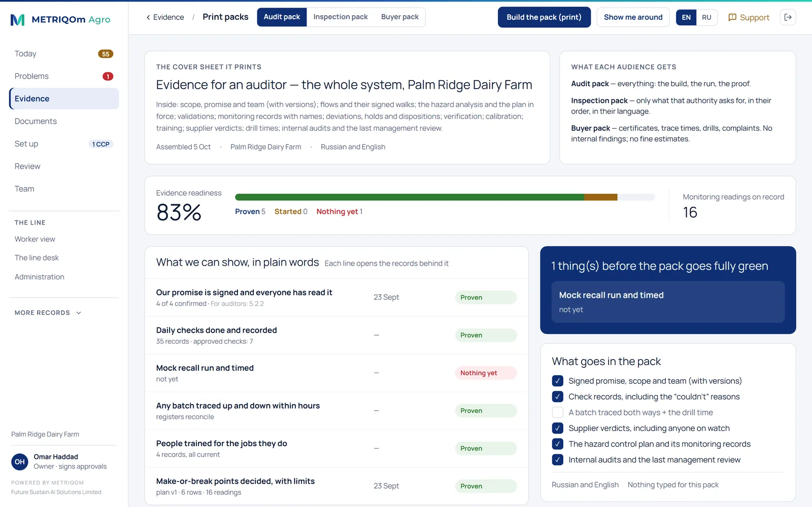 Print packs: evidence readiness score, what can be shown in plain words, and what goes in the pack