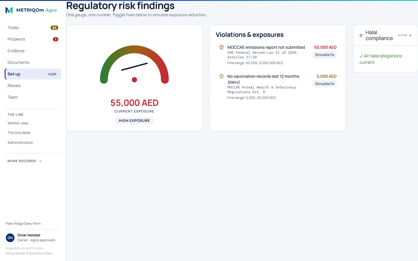 Regulatory risk findings: one exposure gauge and the violations behind it, each with a simulate-fix control